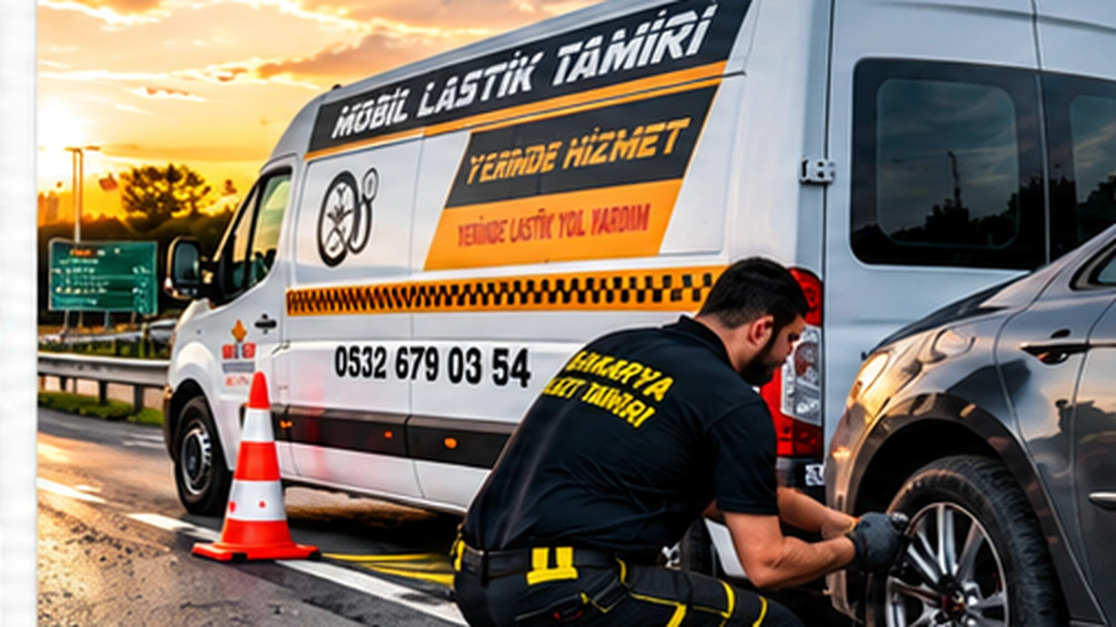 Oto lastikçi ekibinin yerinde lastik değişimi yapması